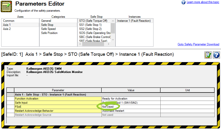 Parameters Editor with FSoE value Not Used circled